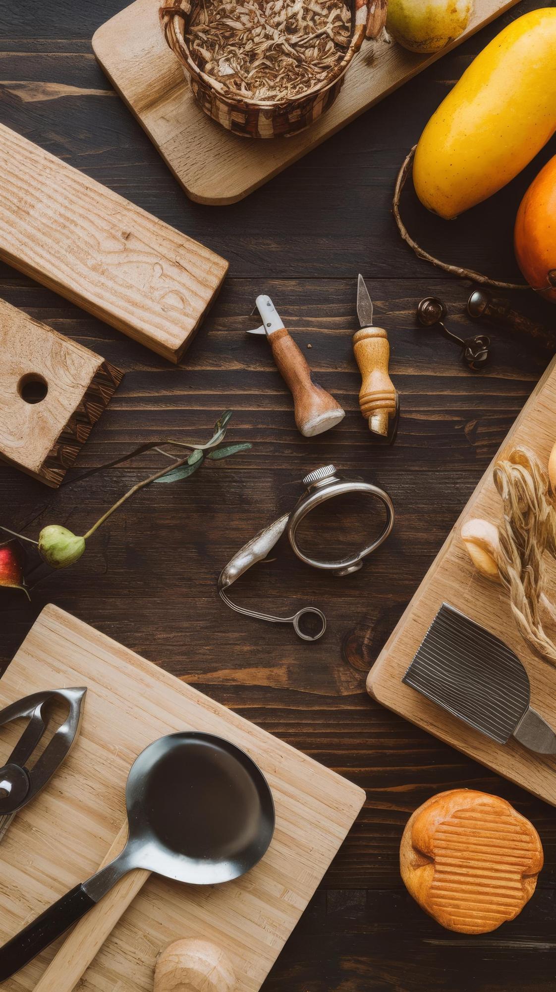 small kitchen bench with instruments and local produce